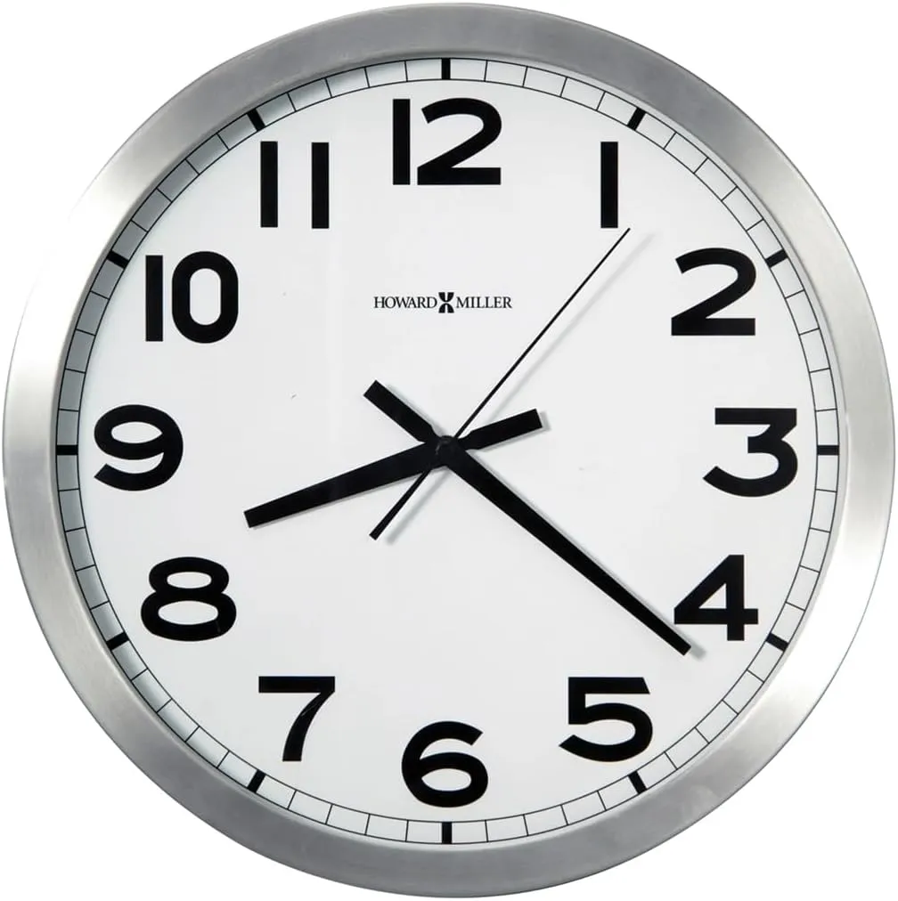 Howard Miller Spokane Modern Wall Clock – Large Brushed Aluminum Frame, White Dial, Silent Quartz, Battery Operated, Easy to Read Black Numerals, Perfect Sleek Decor for Kitchen or Office