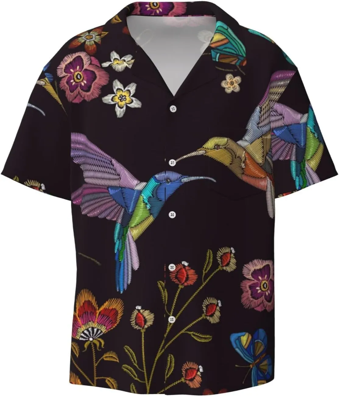 Huing Bird and Tropical Flowers Embroidery for Wrinkle Moisture-Wicking Eco Fabric Modern Slim Fit for Casual Office