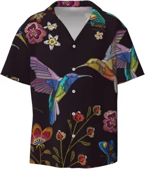 Huing Bird and Tropical Flowers Embroidery for Wrinkle Moisture-Wicking Eco Fabric Modern Slim Fit for Casual Office