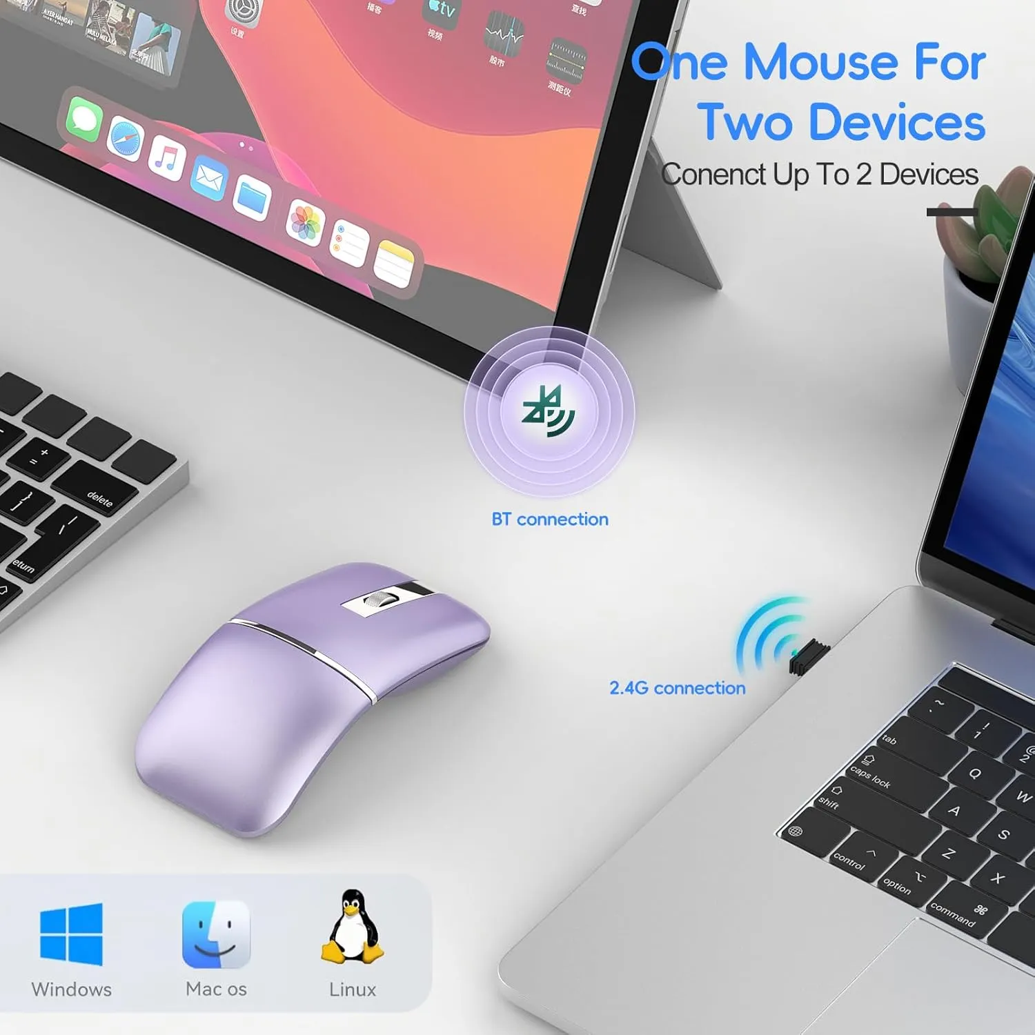 HXMJ-Foldable Bluetooth Travel Mouse,Wireless Portable 2.4G Arc Mice,Multi-Device (Bluetooth 2.4G),360° Rotating Rechargeable Flat Mice for Desktop PC Laptops Tablets-Purple