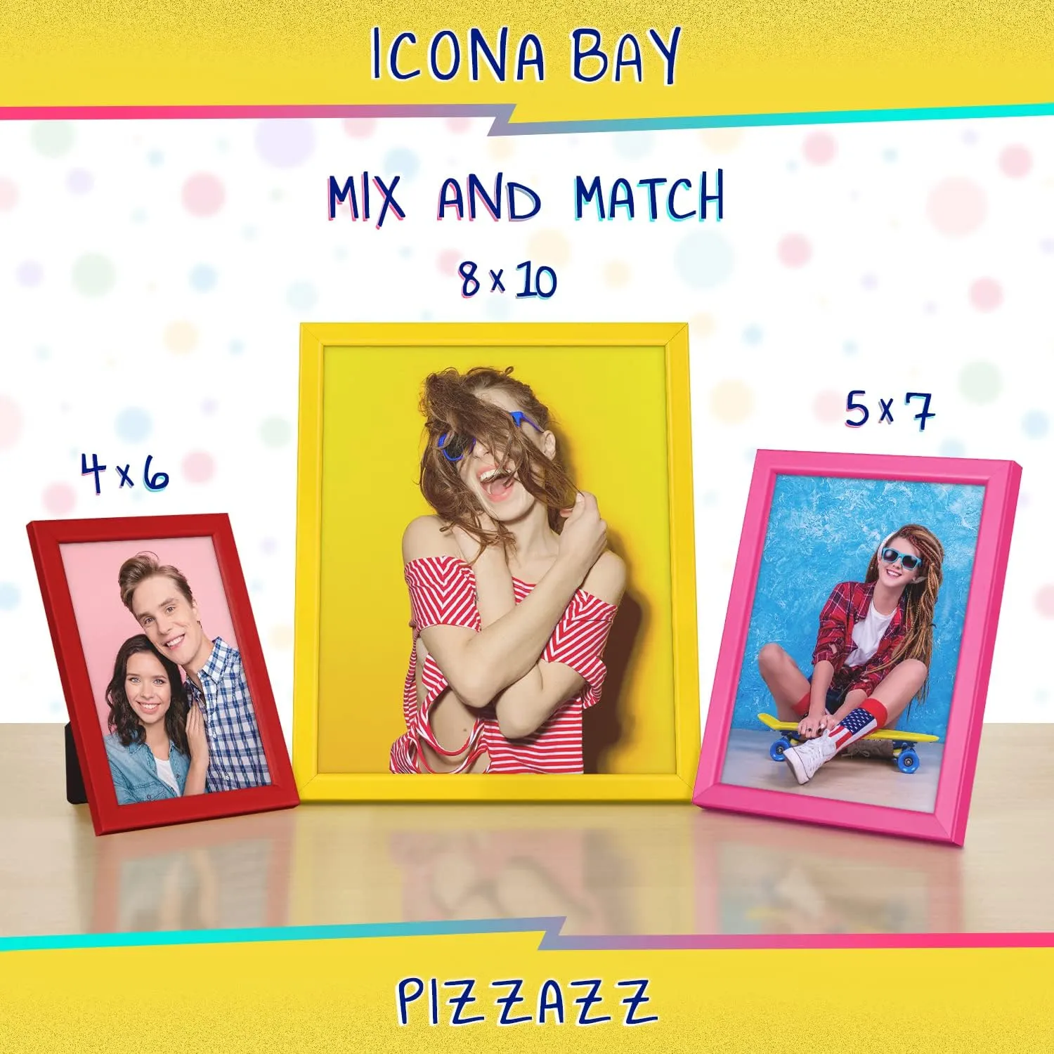 Icona Bay 8x10 Picture Frames (Yellow, 3 Pack), Colored Solid Wood Scandinavian Style Frames for Photo, Pizzazz Collection