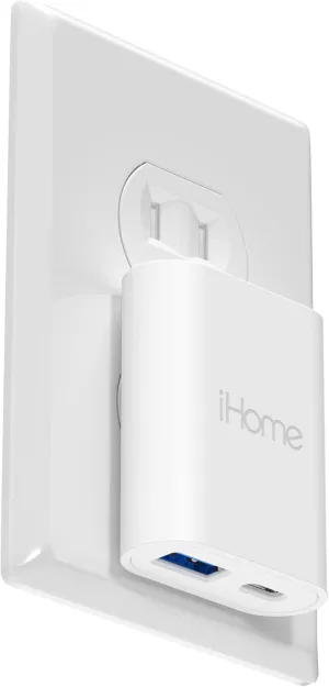 iHome USB C Charger: AC Pro 20W Multiport USB Charger (1 USB-C Port, 1 USB-A Port), Flat USB C Charger Block, Dual Port USB Plug Adapter & Phone Charging Block