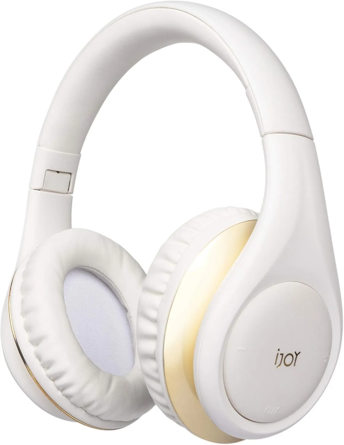 iJoy ISO Bluetooth 5.0 Wireless Over Ear Foldable Stereo Headphones with 30 Hours Battery and Built-in Microphone, (White/Gold)
