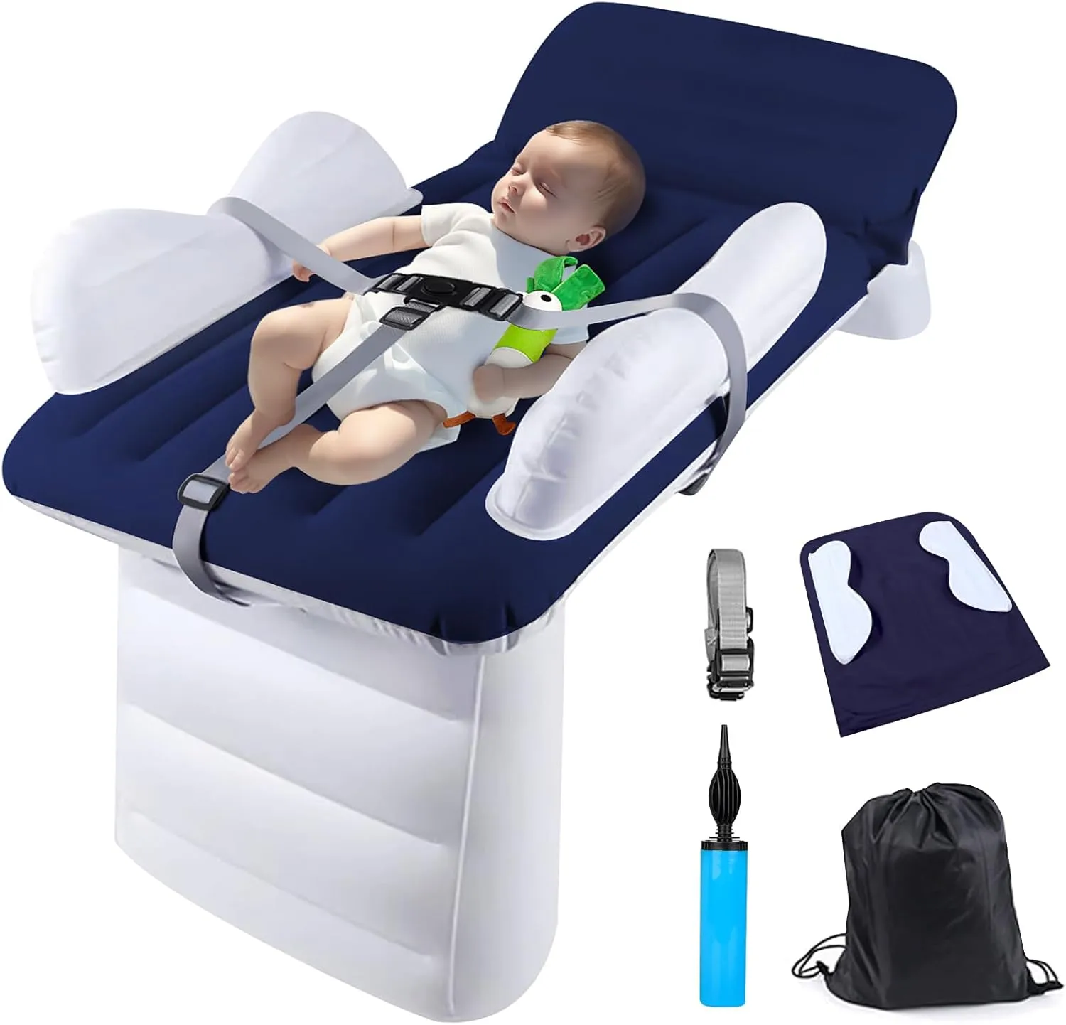 Inflatable Toddler Airplane Mattress, Blow Up Kids Travel Bed, Airplane Seat Extender, Inflatable Baby Mattress with Sides, Safety Belt, Manual Pump and Bag