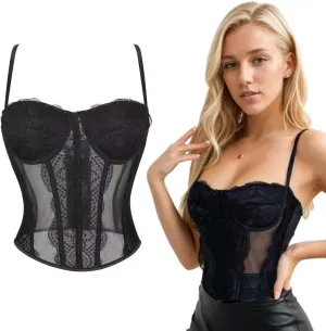 IZUS Women Summer Corset-Tops Lace-Mesh Bustier - Vintage Sexy Spaghetti Strap Open Back Boned Corset Party Crop Top