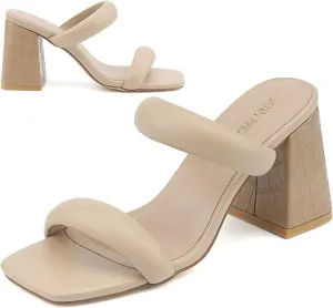 JENN ARDOR Womens Chunky Heeled Mule Sandals Square Toe Block Heels Two Braid Strap Backless Pumps Dressy Sandals