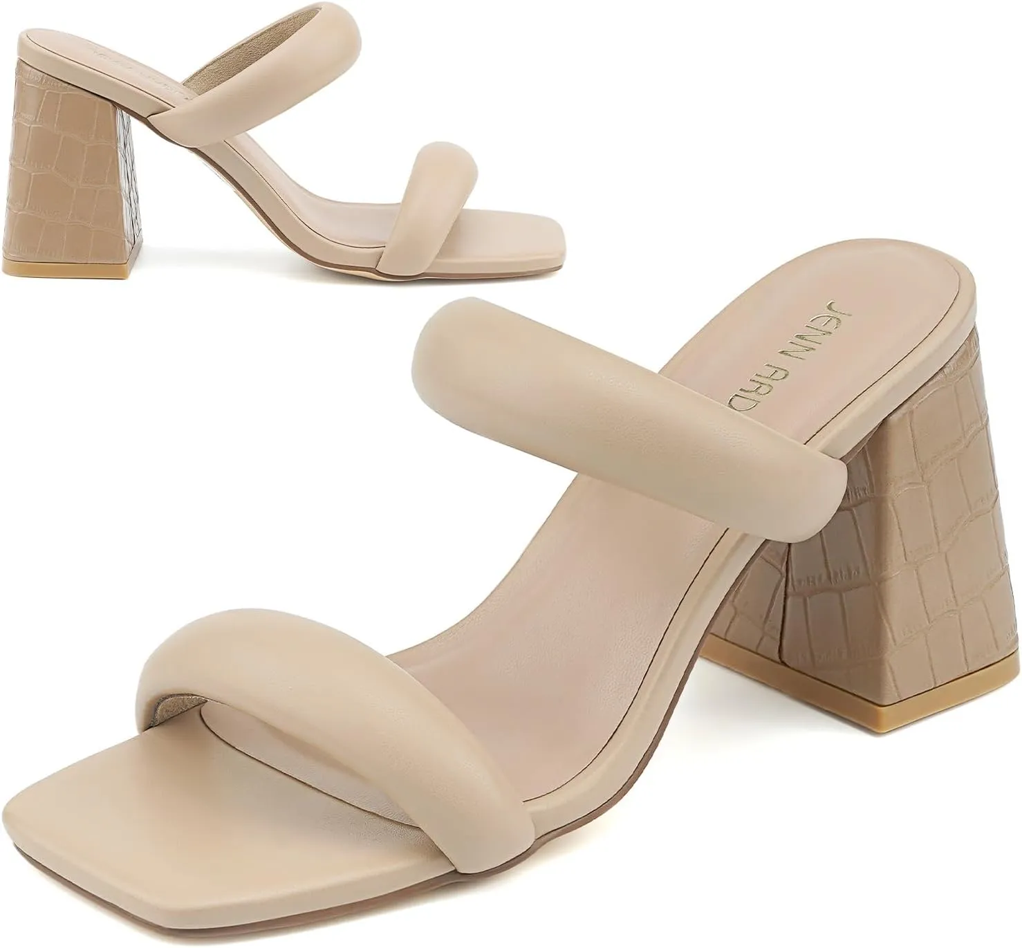 JENN ARDOR Womens Chunky Heeled Mule Sandals Square Toe Block Heels Two Braid Strap Backless Pumps Dressy Sandals
