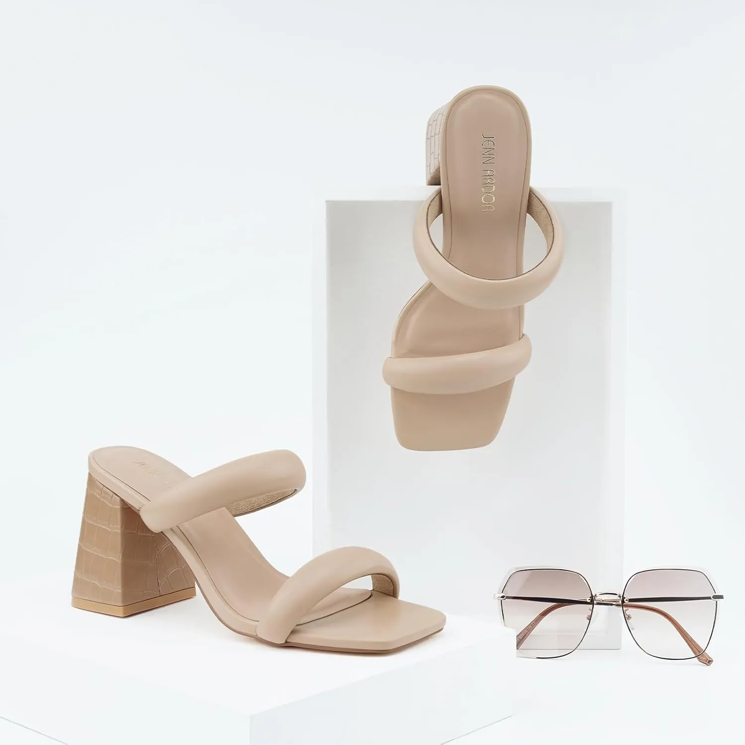 JENN ARDOR Womens Chunky Heeled Mule Sandals Square Toe Block Heels Two Braid Strap Backless Pumps Dressy Sandals