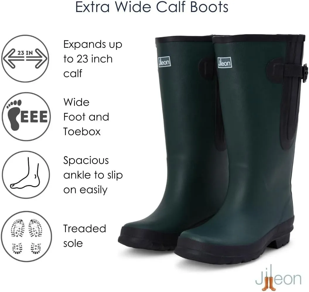 Jileon Extra Wide Calf Rain Boots - Ideal for Wide Feet, Ankles & Calves - Fit 16 to 23” Calves - Durable & Waterproof