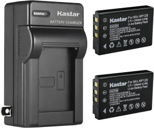 Kastar 2-Pack Q120 Battery and AC Wall Charger Replacement for MINOLTA MN35Z Camera, Zoom BT-03, Zoom BT-03 B Battery, Zoom Q8 Q8N Recorder Camera, Bell & Howell B35HDZ Camera