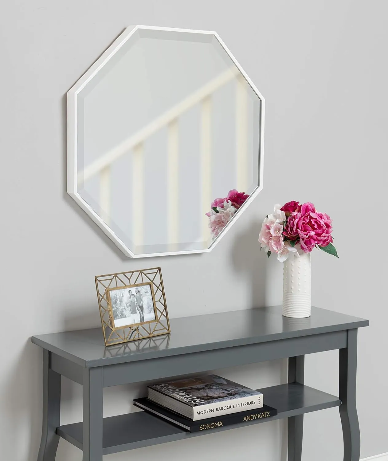 Kate and Laurel Rhodes Modern Octagon Wall Mirror, White 25x25 Inches