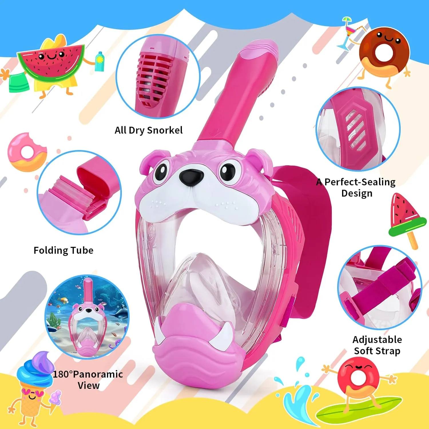 Kids Full Face Snorkel Mask, Snorkeling Gear for Kid, 180° Panoramic View Snorkeling Mask with Adjustable Elastic Fabric Straps - Anti-Fog & Anti-Leak - Portable Mesh Bag