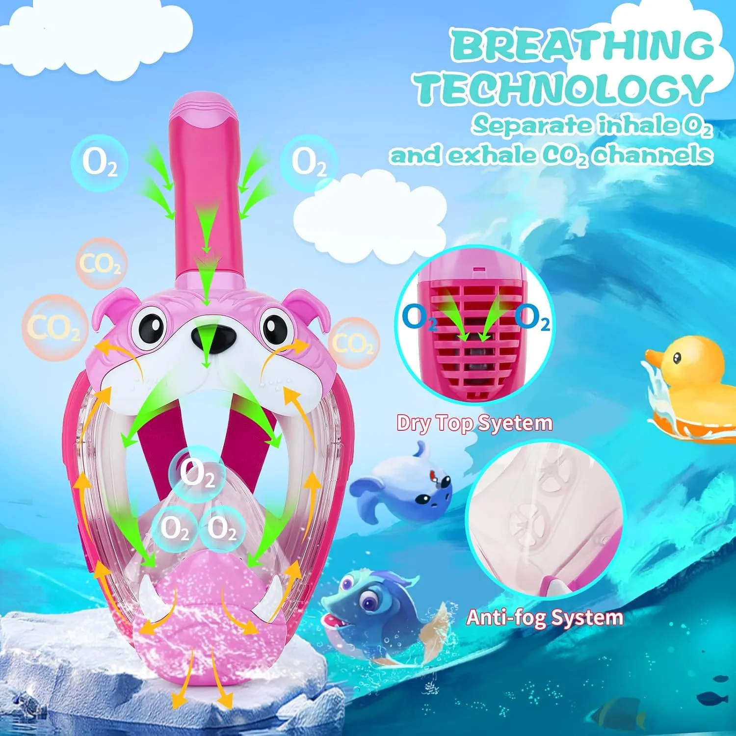 Kids Full Face Snorkel Mask, Snorkeling Gear for Kid, 180° Panoramic View Snorkeling Mask with Adjustable Elastic Fabric Straps - Anti-Fog & Anti-Leak - Portable Mesh Bag