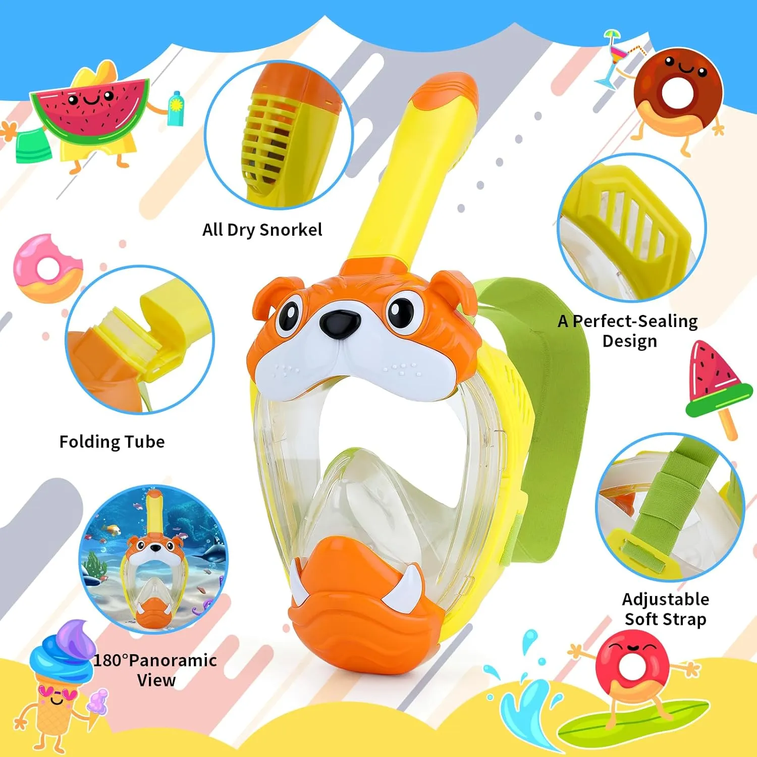 Kids Full Face Snorkel Mask, Snorkeling Gear for Kid, 180° Panoramic View Snorkeling Mask with Adjustable Elastic Fabric Straps - Anti-Fog & Anti-Leak - Portable Mesh Bag