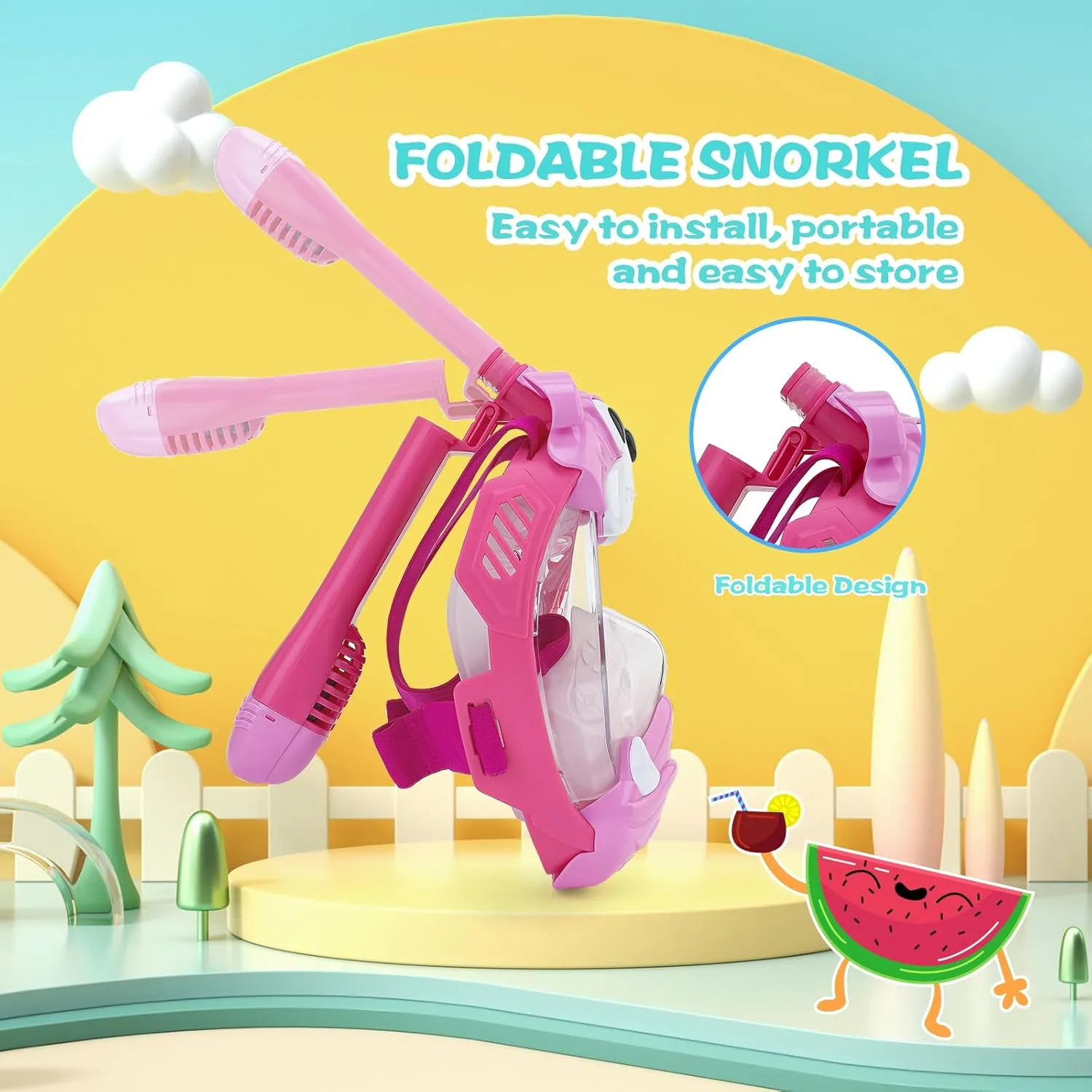 Kids Full Face Snorkel Mask, Snorkeling Gear for Kid, 180° Panoramic View Snorkeling Mask with Adjustable Elastic Fabric Straps - Anti-Fog & Anti-Leak - Portable Mesh Bag