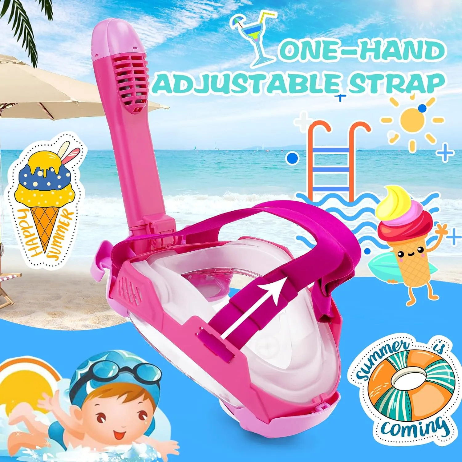 Kids Full Face Snorkel Mask, Snorkeling Gear for Kid, 180° Panoramic View Snorkeling Mask with Adjustable Elastic Fabric Straps - Anti-Fog & Anti-Leak - Portable Mesh Bag