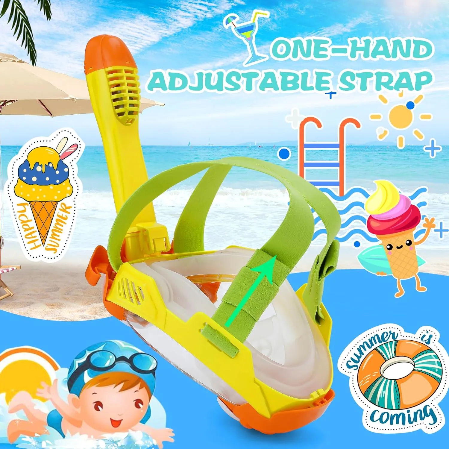Kids Full Face Snorkel Mask, Snorkeling Gear for Kid, 180° Panoramic View Snorkeling Mask with Adjustable Elastic Fabric Straps - Anti-Fog & Anti-Leak - Portable Mesh Bag