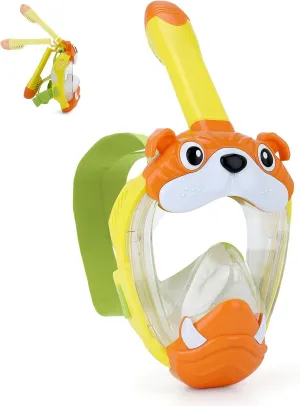 Kids Full Face Snorkel Mask, Snorkeling Gear for Kid, 180° Panoramic View Snorkeling Mask with Adjustable Elastic Fabric Straps - Anti-Fog & Anti-Leak - Portable Mesh Bag