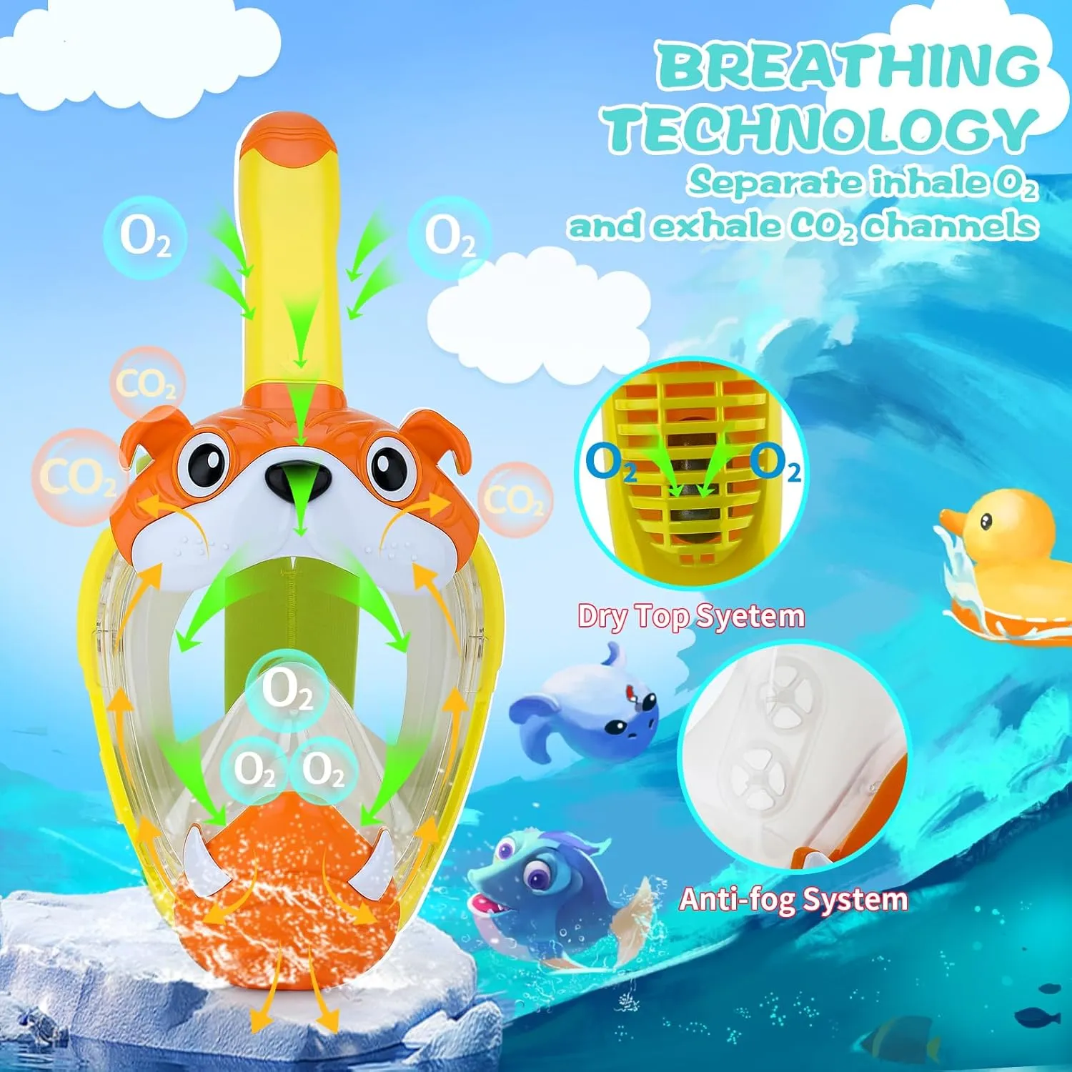 Kids Full Face Snorkel Mask, Snorkeling Gear for Kid, 180° Panoramic View Snorkeling Mask with Adjustable Elastic Fabric Straps - Anti-Fog & Anti-Leak - Portable Mesh Bag