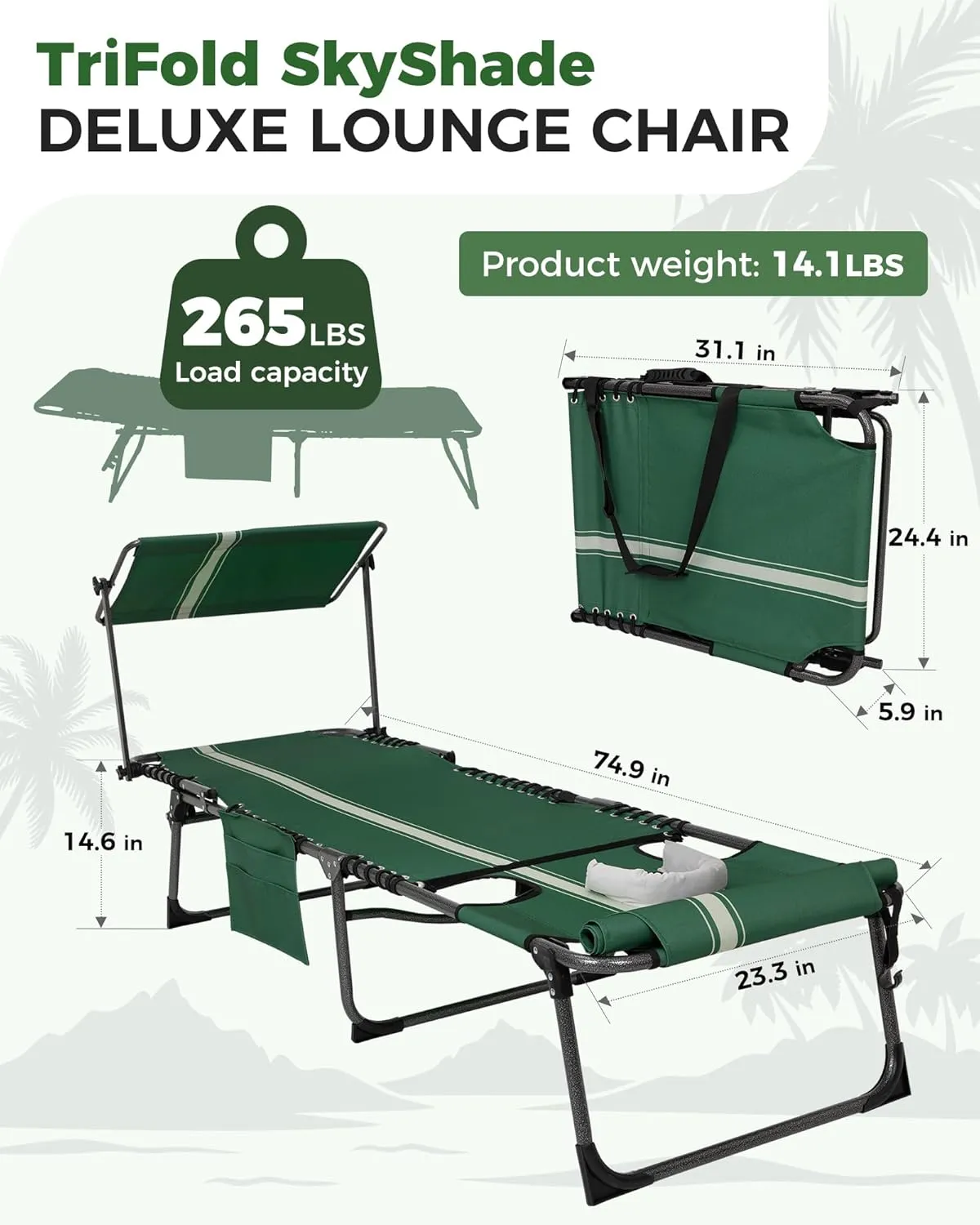 KingCamp Tanning Chair with Face Hole, Lounge Chair Outdoor Folding Portable Comfy Adjustable 5-Position Foldable Chaise Chaser with Canopy Shade for Outside Beach Patio Sun Bathing Pool, Green/White