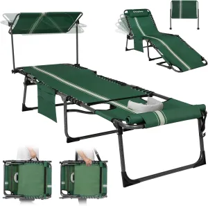 KingCamp Tanning Chair with Face Hole, Lounge Chair Outdoor Folding Portable Comfy Adjustable 5-Position Foldable Chaise Chaser with Canopy Shade for Outside Beach Patio Sun Bathing Pool, Green/White