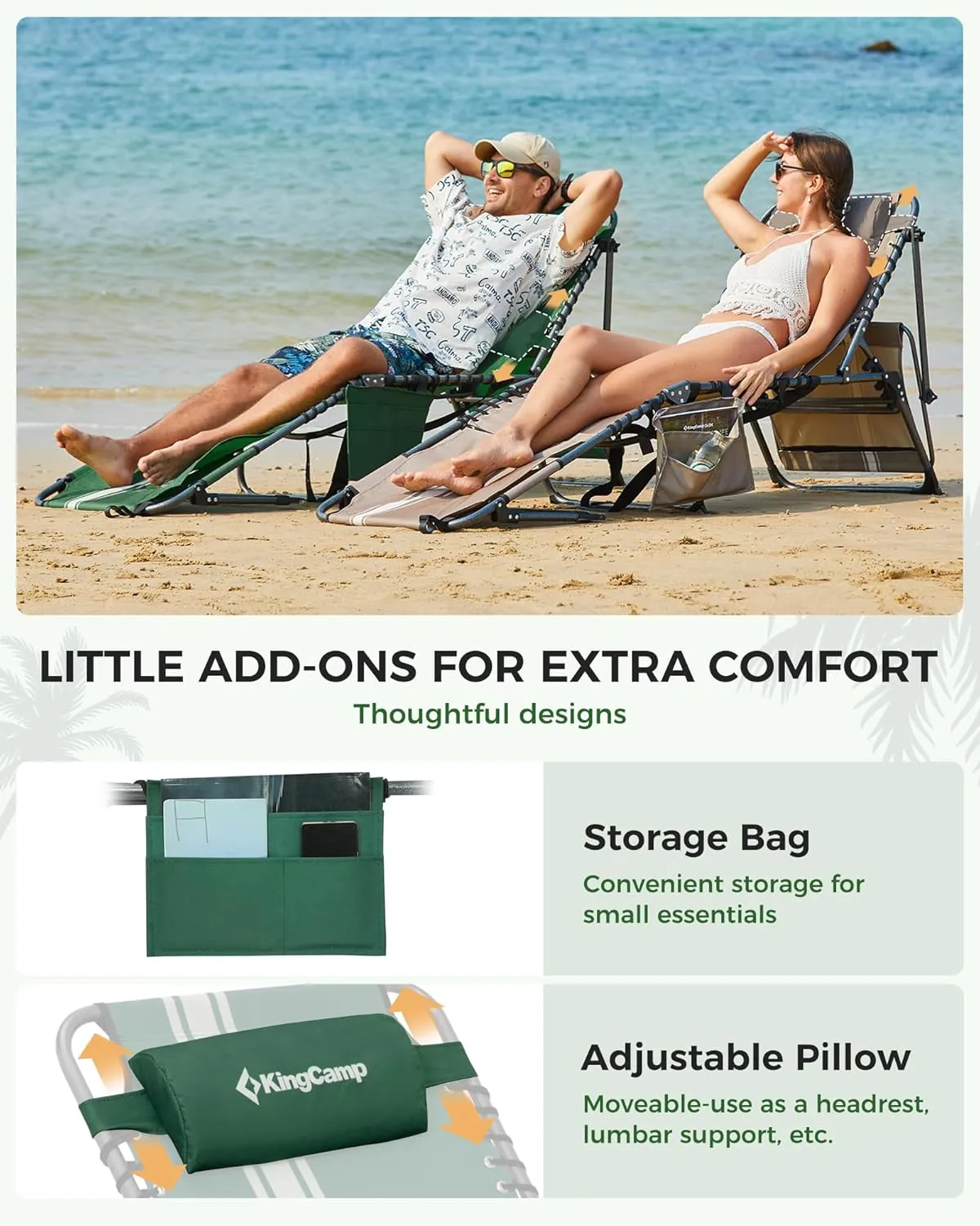KingCamp Tanning Chair with Face Hole, Lounge Chair Outdoor Folding Portable Comfy Adjustable 5-Position Foldable Chaise Chaser with Canopy Shade for Outside Beach Patio Sun Bathing Pool, Green/White