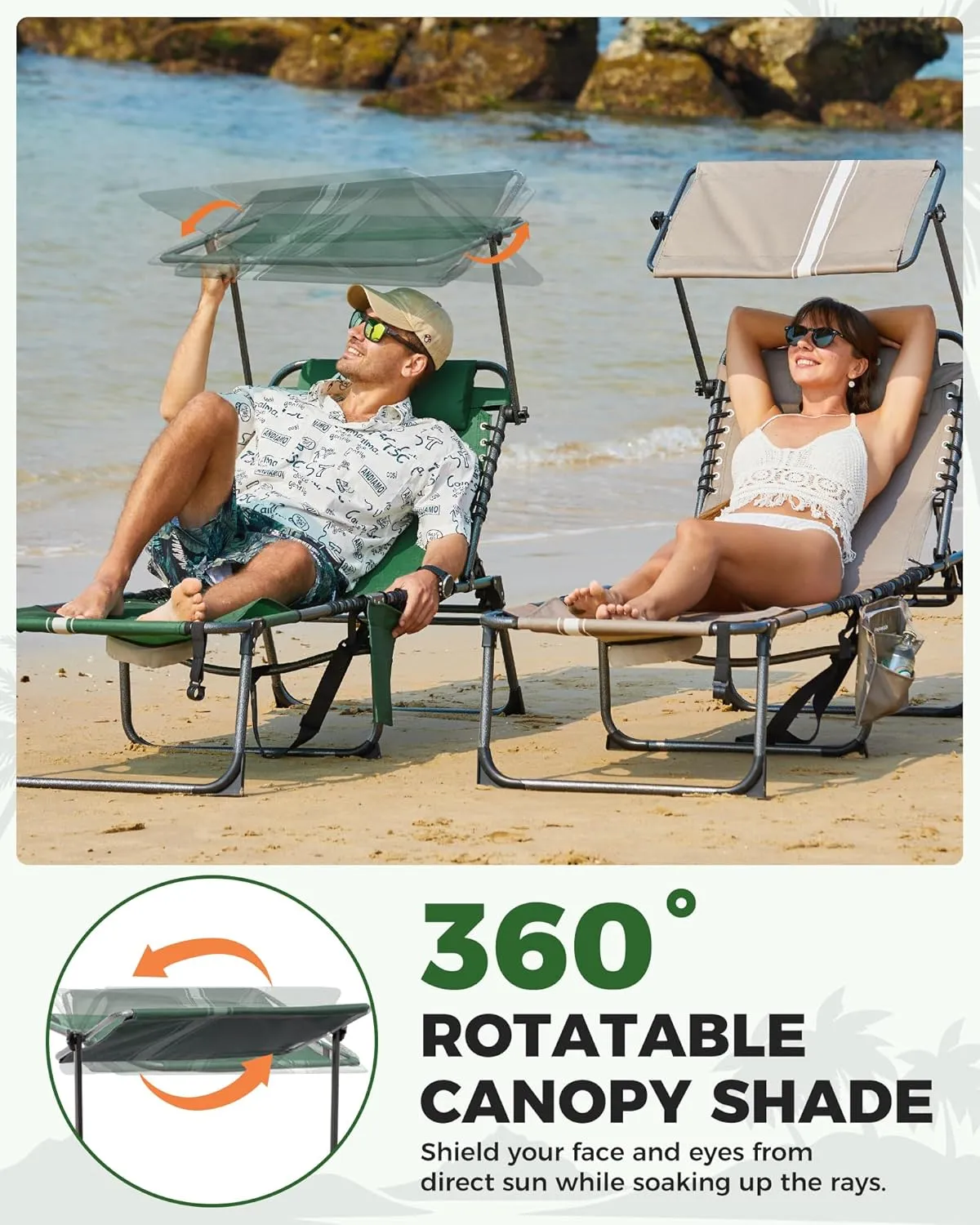 KingCamp Tanning Chair with Face Hole, Lounge Chair Outdoor Folding Portable Comfy Adjustable 5-Position Foldable Chaise Chaser with Canopy Shade for Outside Beach Patio Sun Bathing Pool, Green/White