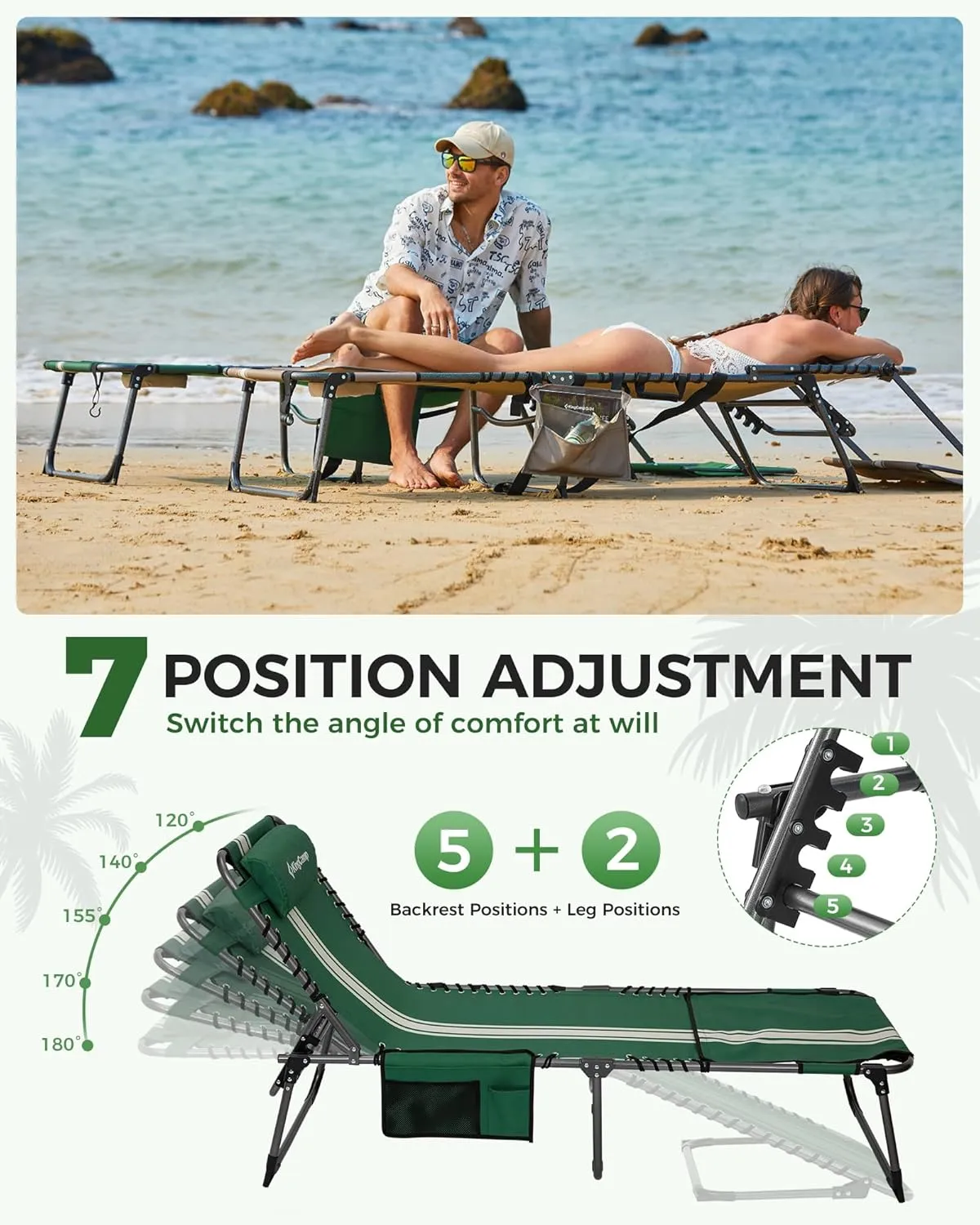 KingCamp Tanning Chair with Face Hole, Lounge Chair Outdoor Folding Portable Comfy Adjustable 5-Position Foldable Chaise Chaser with Canopy Shade for Outside Beach Patio Sun Bathing Pool, Green/White