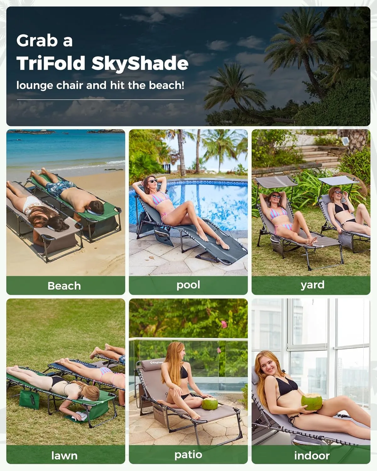 KingCamp Tanning Chair with Face Hole, Lounge Chair Outdoor Folding Portable Comfy Adjustable 5-Position Foldable Chaise Chaser with Canopy Shade for Outside Beach Patio Sun Bathing Pool, Green/White