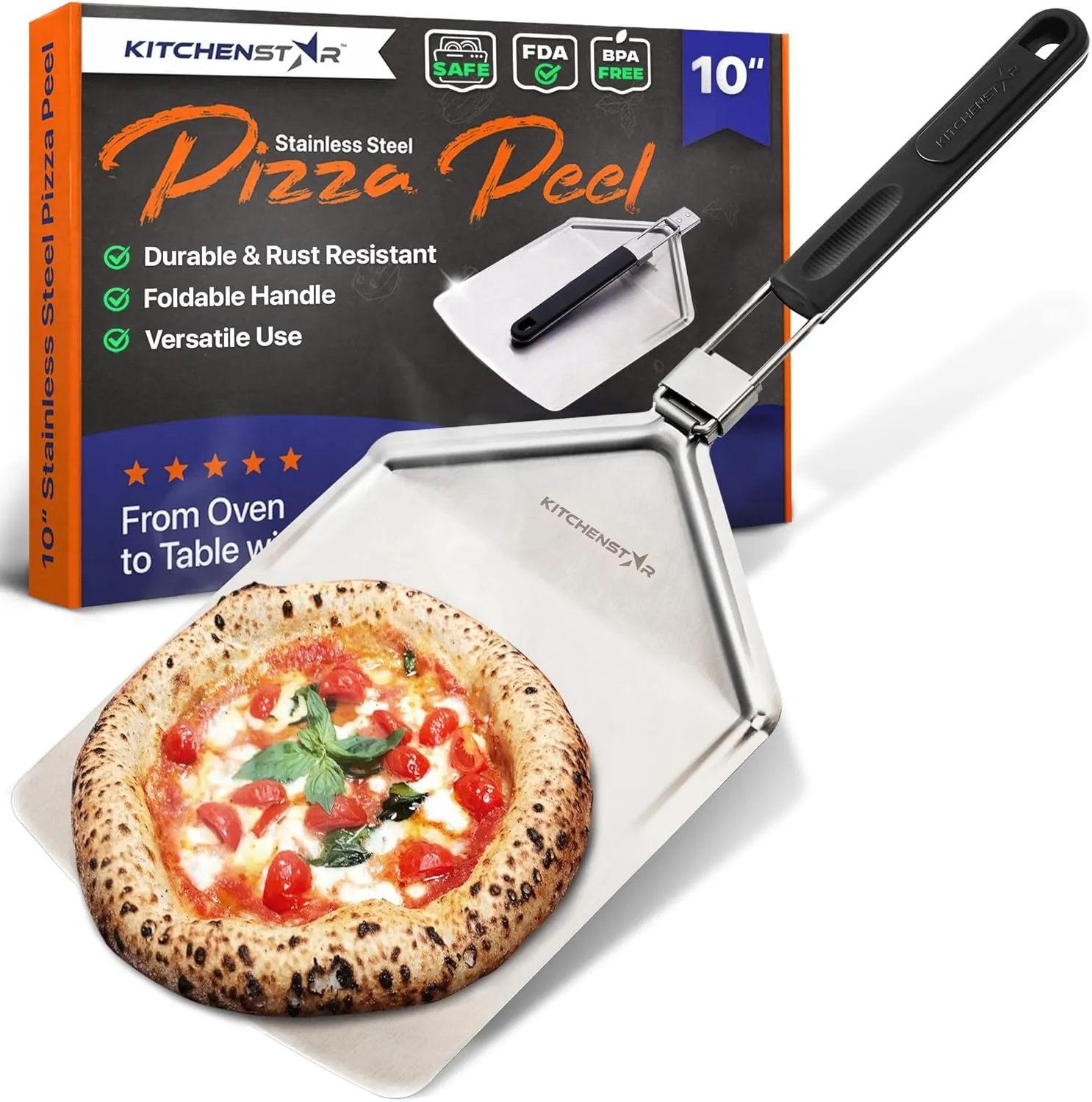 KitchenStar Stainless Steel Pizza Peel 10 inch with Folding Handle, Small - Spatula Paddle for Effortless Pizza Transfer & Easy Storrage - Outdoor Pizza Oven Accessories