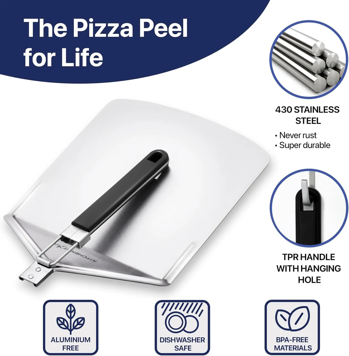 KitchenStar Stainless Steel Pizza Peel 10 inch with Folding Handle, Small - Spatula Paddle for Effortless Pizza Transfer & Easy Storrage - Outdoor Pizza Oven Accessories