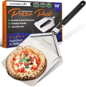 KitchenStar Stainless Steel Pizza Peel 10 inch with Folding Handle, Small - Spatula Paddle for Effortless Pizza Transfer & Easy Storrage - Outdoor Pizza Oven Accessories