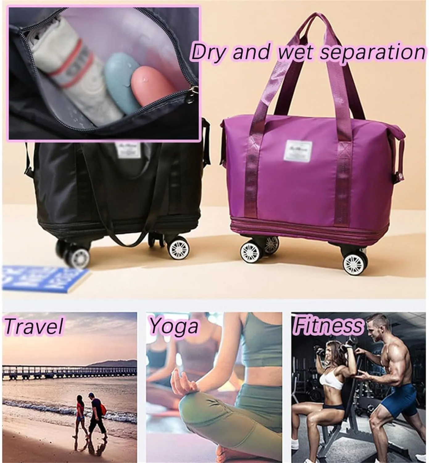 Klarson Expandable Bag with Wheels - New Scratch Expandable Travel Duffle Bag with Wheels, Foldable Suitcase without Handl (H)