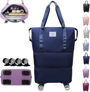 Klarson Expandable Bag with Wheels, Scratch Expandable Travel Duffle Bag with Wheels, Foldable Suitcase without Handle (Dark blue)