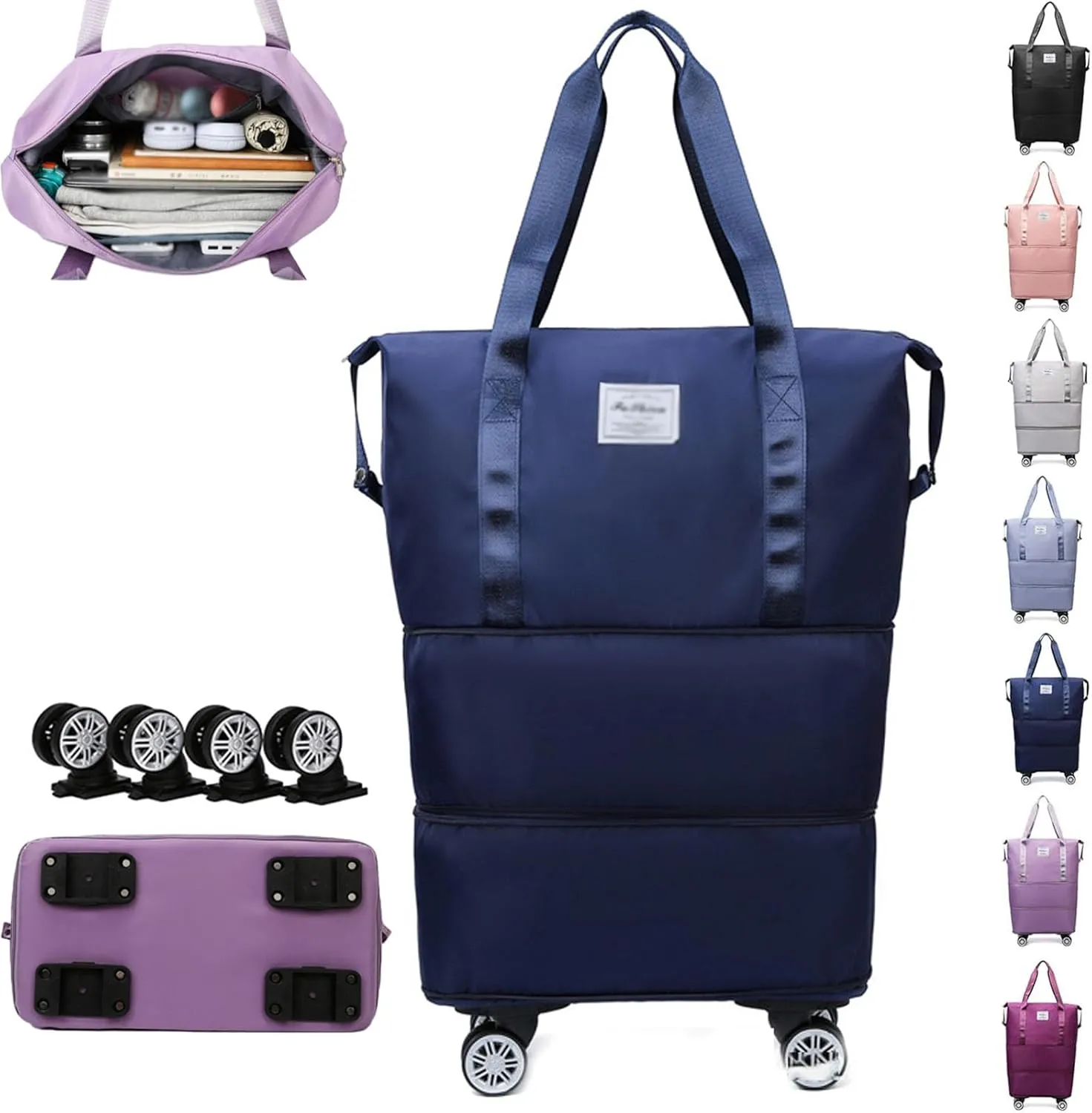Klarson Expandable Bag with Wheels, Scratch Expandable Travel Duffle Bag with Wheels, Foldable Suitcase without Handle (Dark blue)