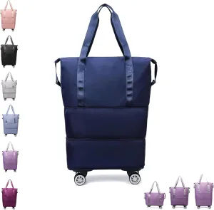 Klarson Expandable Travel Bag with Wheels, Foldable Suitcase Without Handle, Scratch-Resistant, Navy Blue
