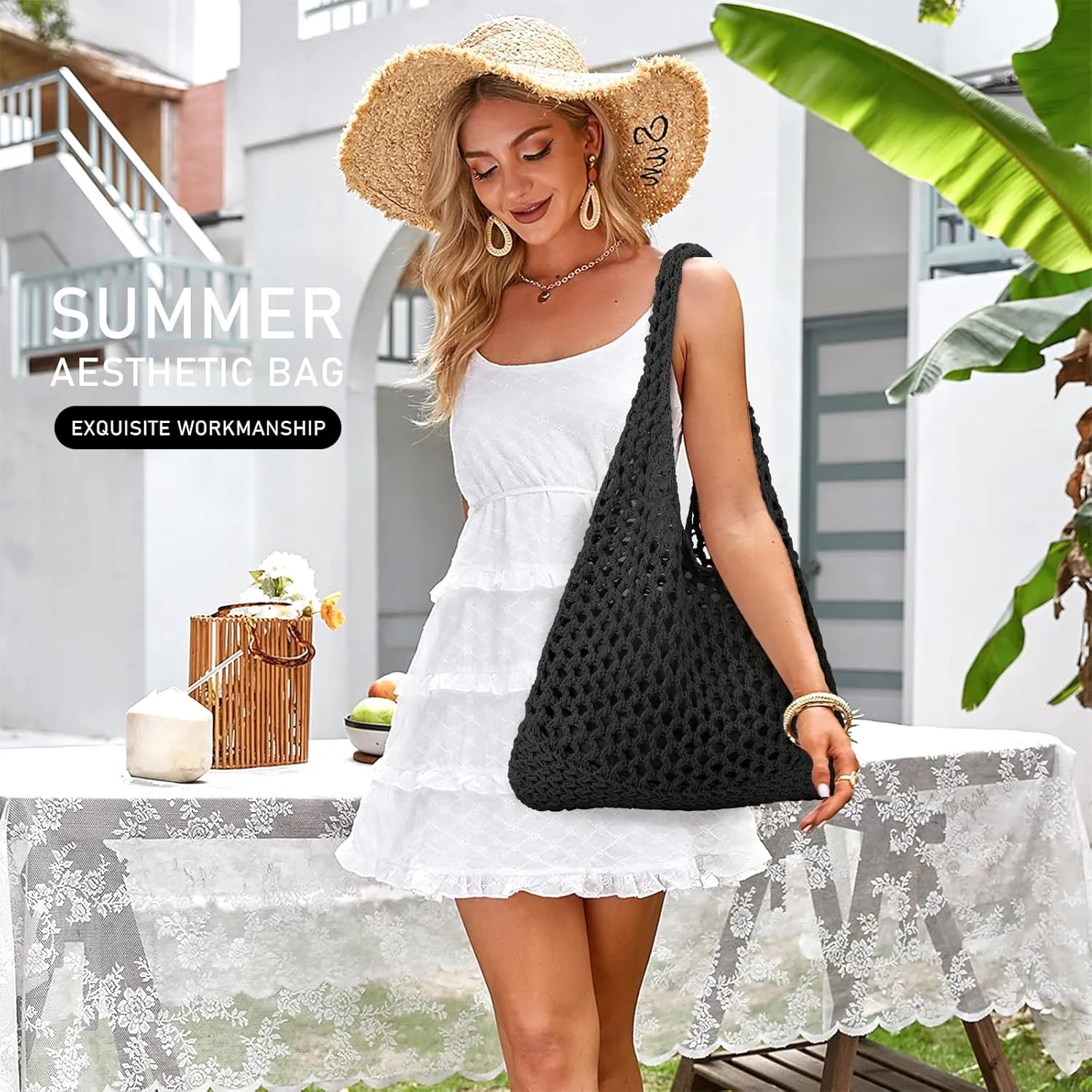 KPX Crochet Tote, Mesh Knitted Shoulder Bag - Large Aesthetic Hobo for Women - Summer