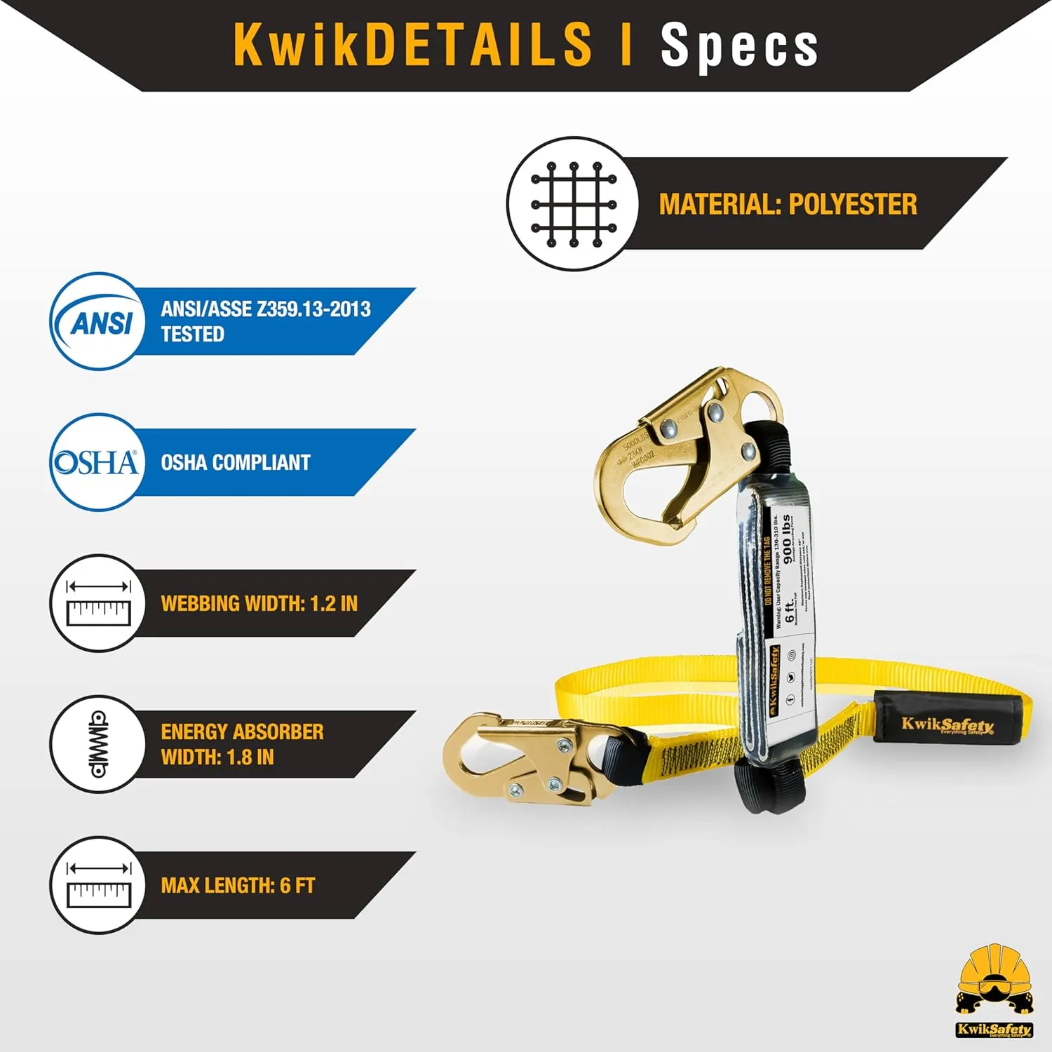 KwikSafety - Charlotte, NC - TAIPAN 6’ Single Leg Flat Safety Lanyard [1 PACK] External Shock Absorber ANSI Tested OSHA Compliant Fall Restraint Protection Equipment Construction PPE Roofing Gear