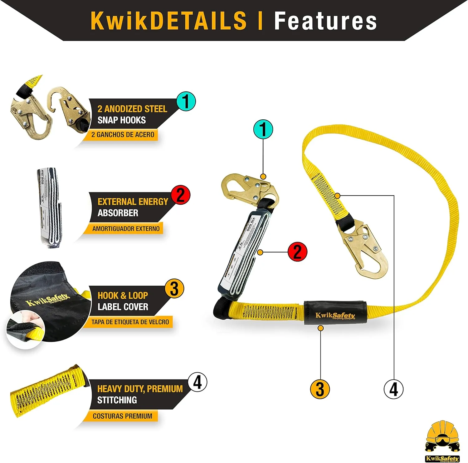 KwikSafety - Charlotte, NC - TAIPAN 6’ Single Leg Flat Safety Lanyard [1 PACK] External Shock Absorber ANSI Tested OSHA Compliant Fall Restraint Protection Equipment Construction PPE Roofing Gear