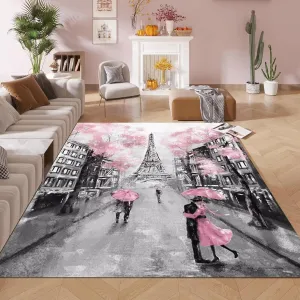 kxry 3 * 5 Feet Pink Paris Eiffel Tower Soft Area Rugs for Kids Girls Women French Style Couple Lover Flower Floor Carpet for Living Room Bedroom Dorms Nursery Rooms Home Decor Aesthetic