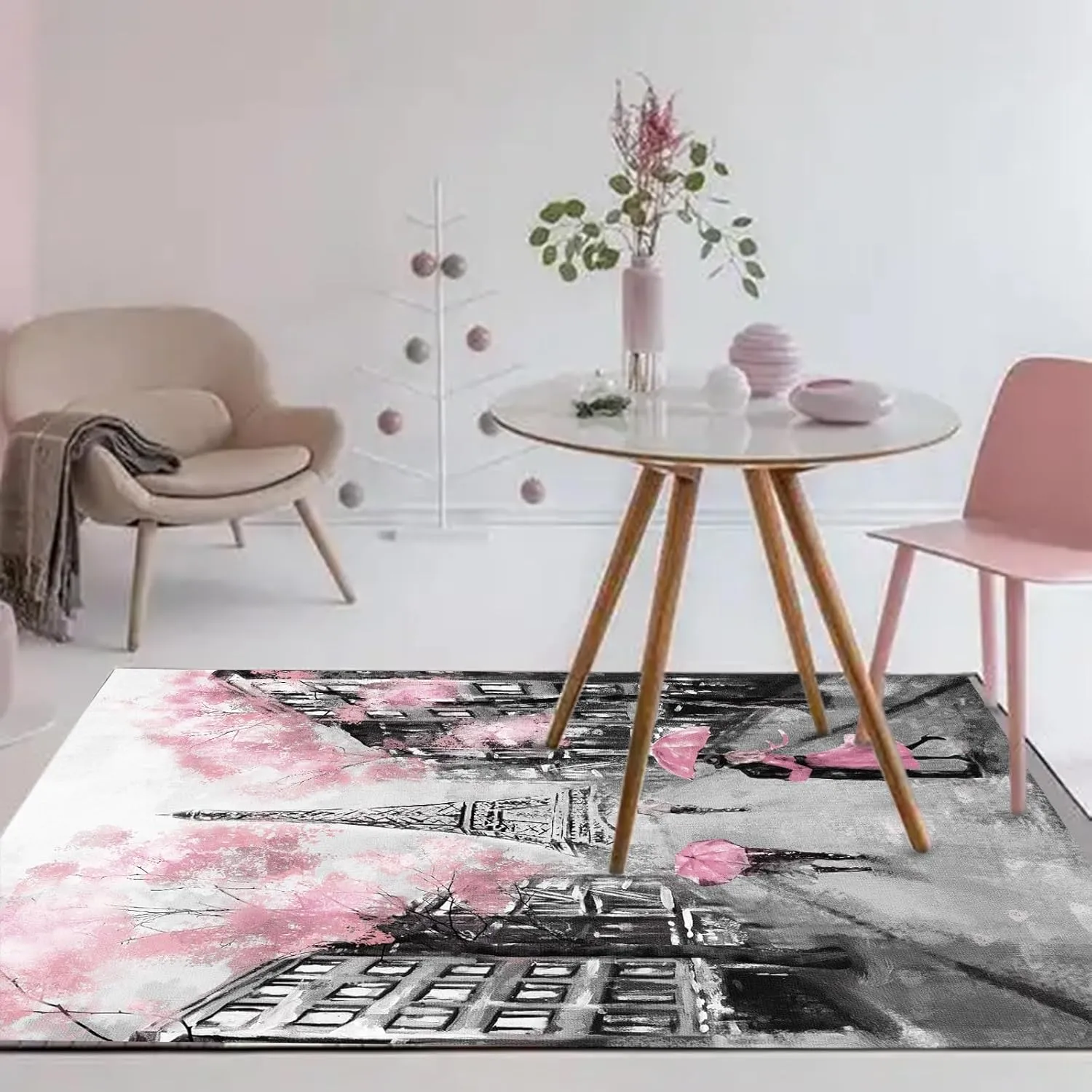 kxry 3 * 5 Feet Pink Paris Eiffel Tower Soft Area Rugs for Kids Girls Women French Style Couple Lover Flower Floor Carpet for Living Room Bedroom Dorms Nursery Rooms Home Decor Aesthetic
