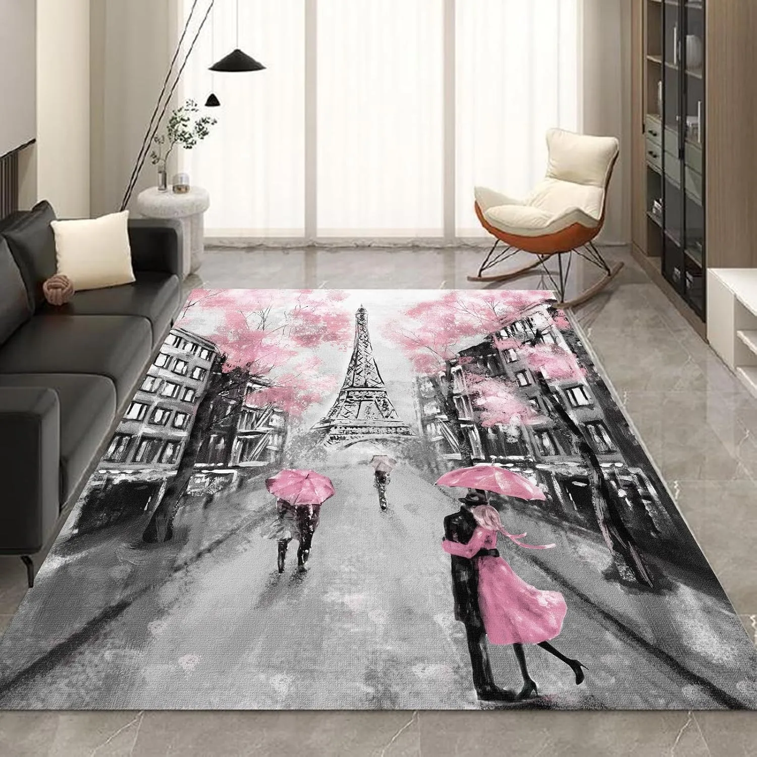 kxry 3 * 5 Feet Pink Paris Eiffel Tower Soft Area Rugs for Kids Girls Women French Style Couple Lover Flower Floor Carpet for Living Room Bedroom Dorms Nursery Rooms Home Decor Aesthetic