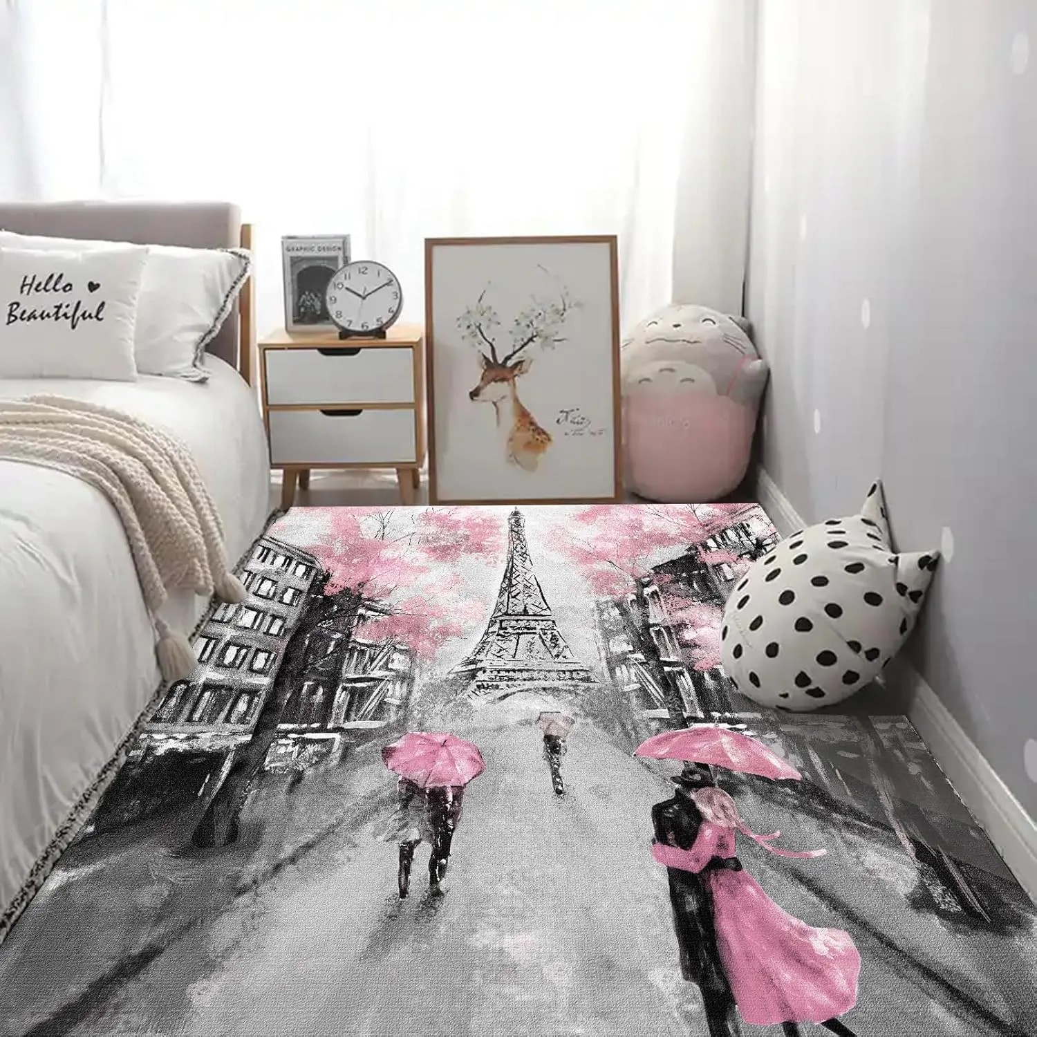kxry 3 * 5 Feet Pink Paris Eiffel Tower Soft Area Rugs for Kids Girls Women French Style Couple Lover Flower Floor Carpet for Living Room Bedroom Dorms Nursery Rooms Home Decor Aesthetic