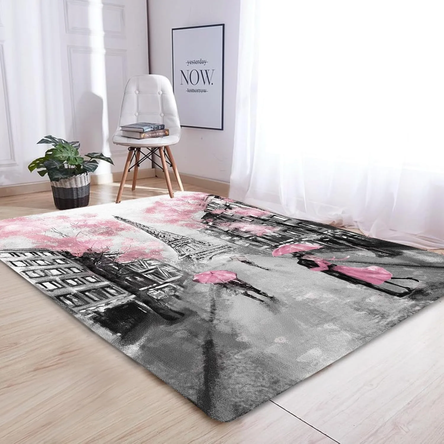 kxry 3 * 5 Feet Pink Paris Eiffel Tower Soft Area Rugs for Kids Girls Women French Style Couple Lover Flower Floor Carpet for Living Room Bedroom Dorms Nursery Rooms Home Decor Aesthetic