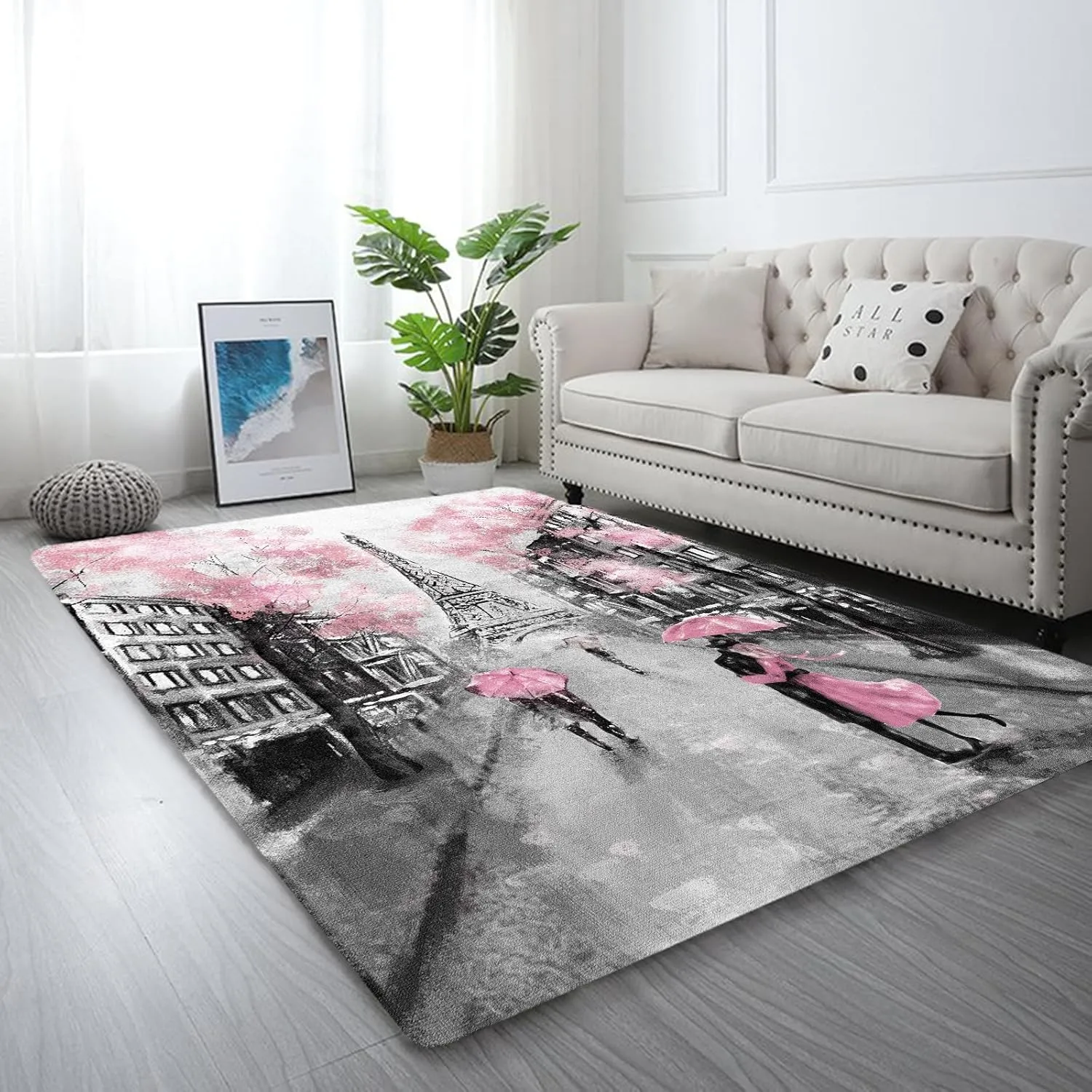 kxry 3 * 5 Feet Pink Paris Eiffel Tower Soft Area Rugs for Kids Girls Women French Style Couple Lover Flower Floor Carpet for Living Room Bedroom Dorms Nursery Rooms Home Decor Aesthetic