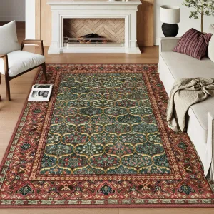 Lahome 6x9 Large Rugs for Living Room - Machine Washable 6x9 Area Rugs Non-Slip Ultra-Thin Stain Resistant Rugs for Dining Room, Floral Vintage Print Soft Indoor Rug for Bedroom (Red, 6'x9')