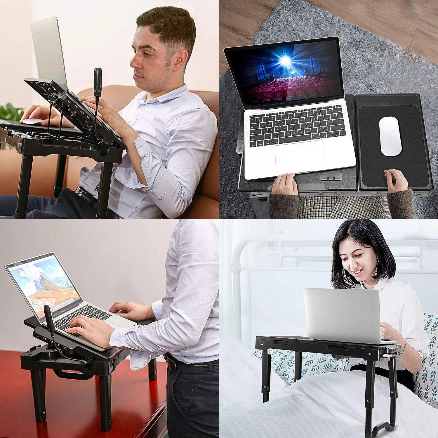 Laptop Desk for Bed, Adjustable Table with Fan, Portable Lap Desk, Foldable Legs, Stand for Couch Sofa, Tray with LED Light, 4 USB Ports, Storage, Mouse Pad