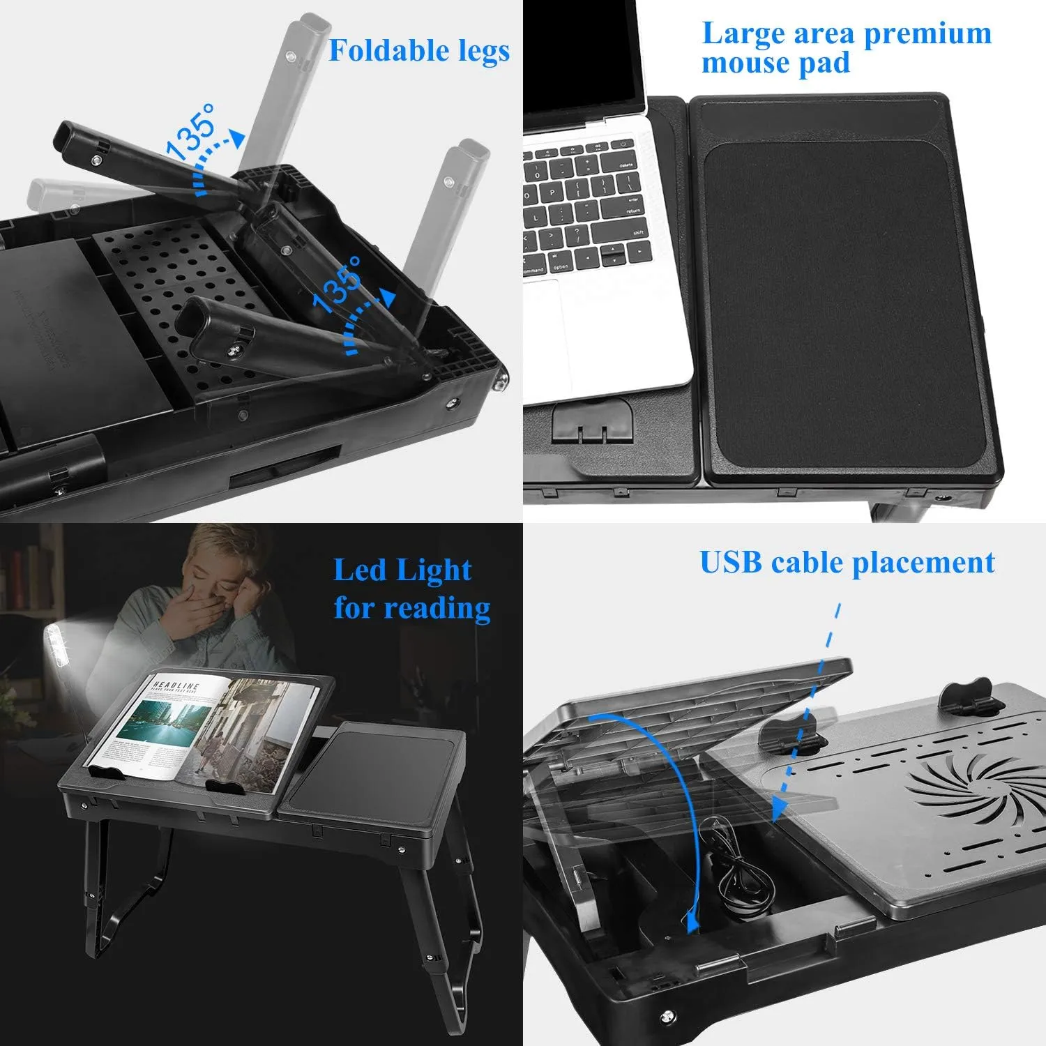 Laptop Desk for Bed, Adjustable Table with Fan, Portable Lap Desk, Foldable Legs, Stand for Couch Sofa, Tray with LED Light, 4 USB Ports, Storage, Mouse Pad