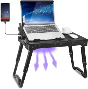 Laptop Desk for Bed, Adjustable Table with Fan, Portable Lap Desk, Foldable Legs, Stand for Couch Sofa, Tray with LED Light, 4 USB Ports, Storage, Mouse Pad