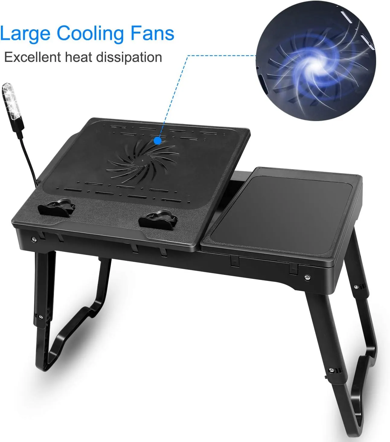 Laptop Desk for Bed, Adjustable Table with Fan, Portable Lap Desk, Foldable Legs, Stand for Couch Sofa, Tray with LED Light, 4 USB Ports, Storage, Mouse Pad